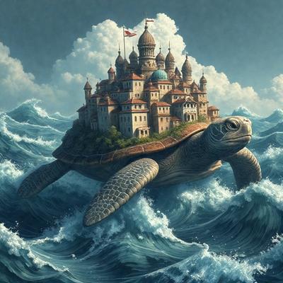 Primary subject: A large turtle with a castle on its back.

Setting/background: The turtle is in the ocean, surrounded by waves.

Visual style: The image is a digital art or illustration.

Colors and mood: The colors are predominantly blue and white, creating a calm and serene atmosphere.